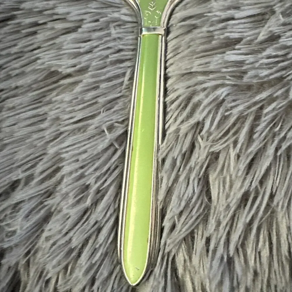 Art Deco Vintage Lime Green Enamel Hand Mirror Silver Tone Vanity